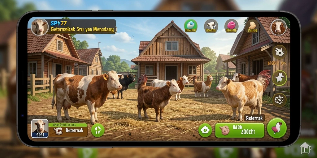 Antarmuka SPY77 yang menarik dengan gameplay beternak.